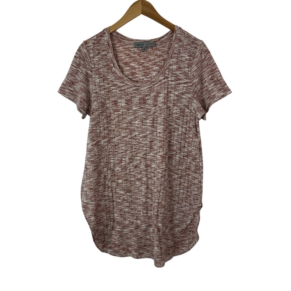 Absolutely Famous Knit Top Womens 1X Red Cream Rayon Short Sleeve‎ Scoop Neck